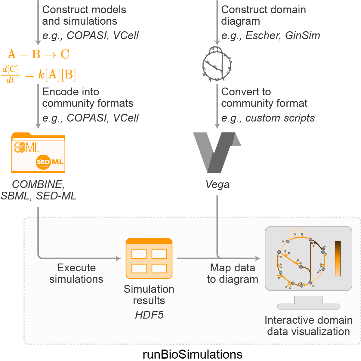 Figure 1. Overview of BioSimulations' architecture for storing, retrieving, and visualizing the results of simulations of COMBINE archives.