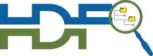 The HDFView Logo, HDF in blue and green with a magnifying glass examining a file tree.