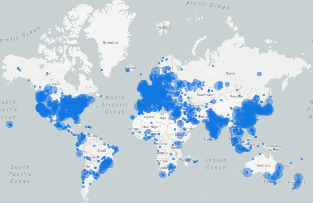 A map with blue dots showing the location of HDF5 and HDFView Downloads through this website. 