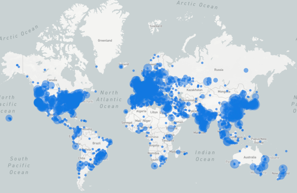 A map with blue dots showing the location of HDF5 and HDFView Downloads through this website. 